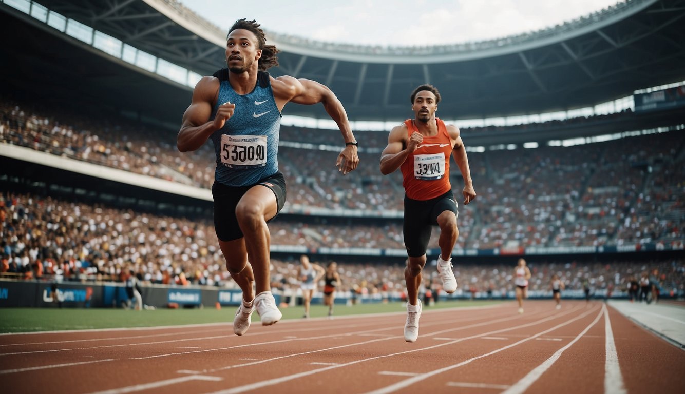 Athletes sprinting, jumping, and throwing in a stadium