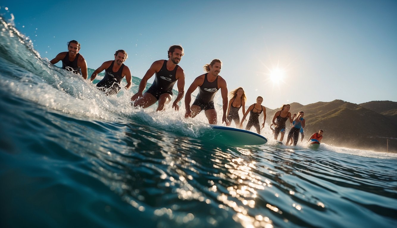 A group of athletes engage in aquatic sports, swimming, diving, and surfing in the open ocean, with colorful equipment and waves crashing in the background