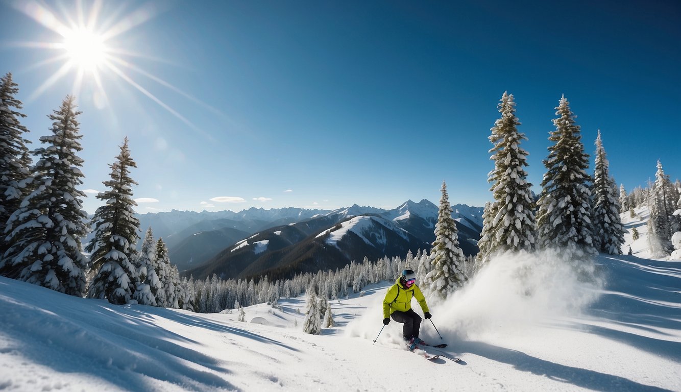 A snowy mountain slope with skiers and snowboarders carving through fresh powder, surrounded by pine trees and a clear blue sky