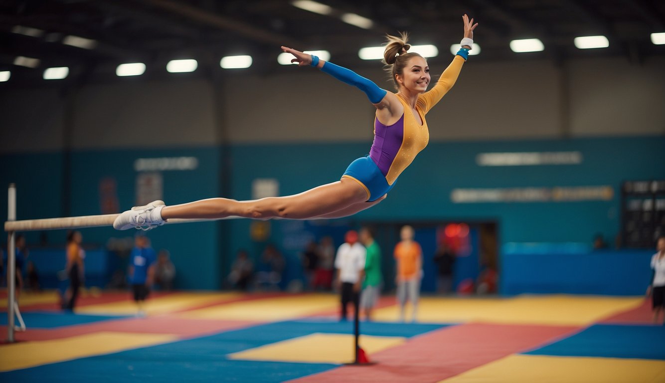 Athletes perform tumbling, vaulting, and balancing on beams and bars in a colorful, energetic gymnasium