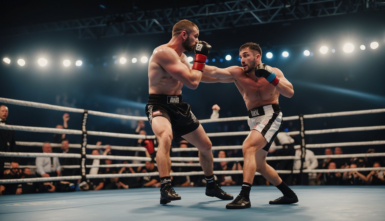 Two fighters in a ring, grappling and striking. Crowd cheering in the background. Referee overseeing the match