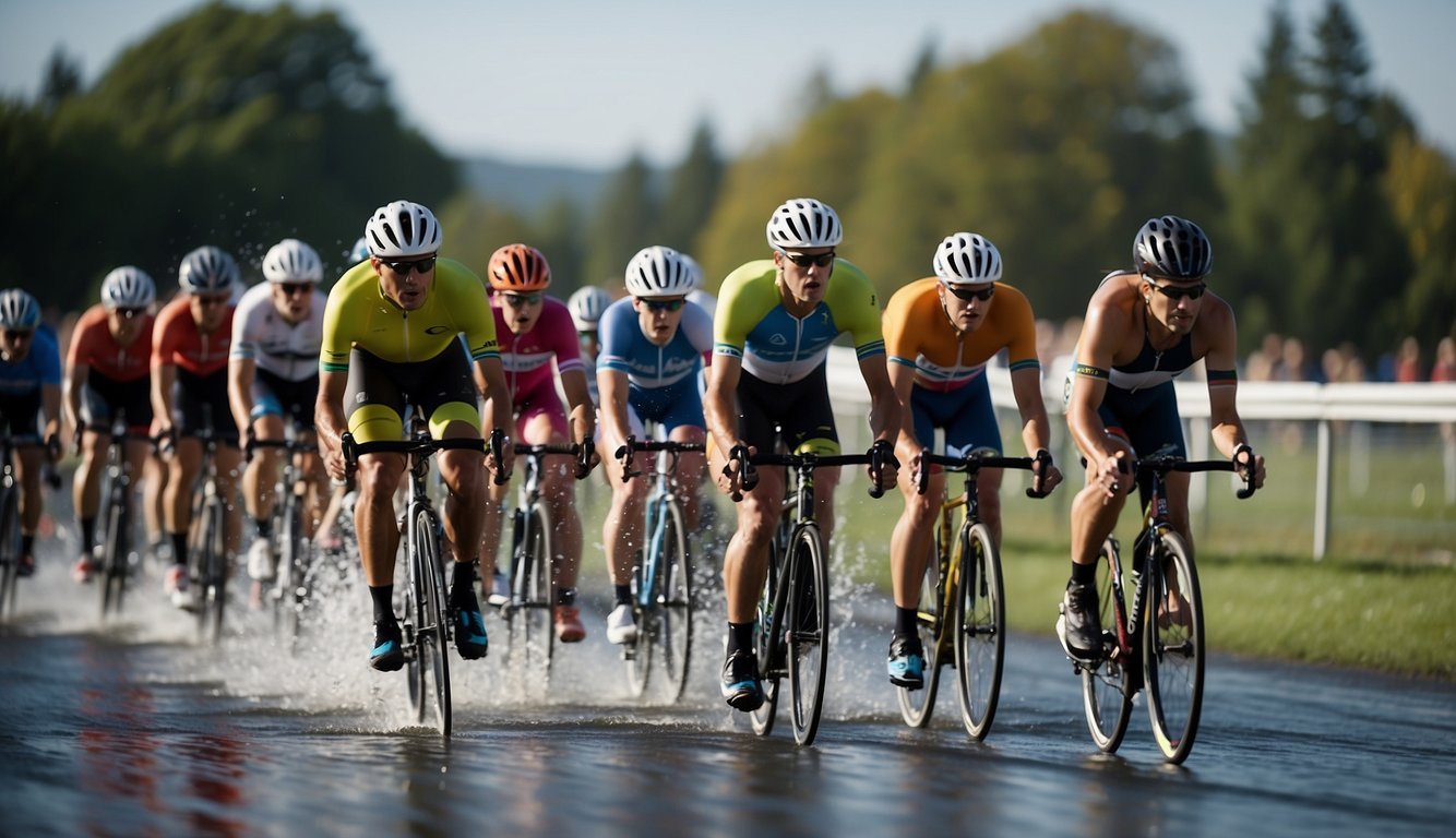 Athletes speed around a track, cars zoom on a racetrack, cyclists pedal in a pack, and swimmers surge through the water in a competitive race