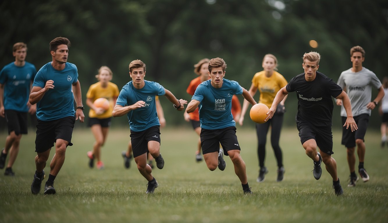 A group of players engaged in a competitive game of ultimate frisbee, running and leaping to catch the flying disc in a grassy field