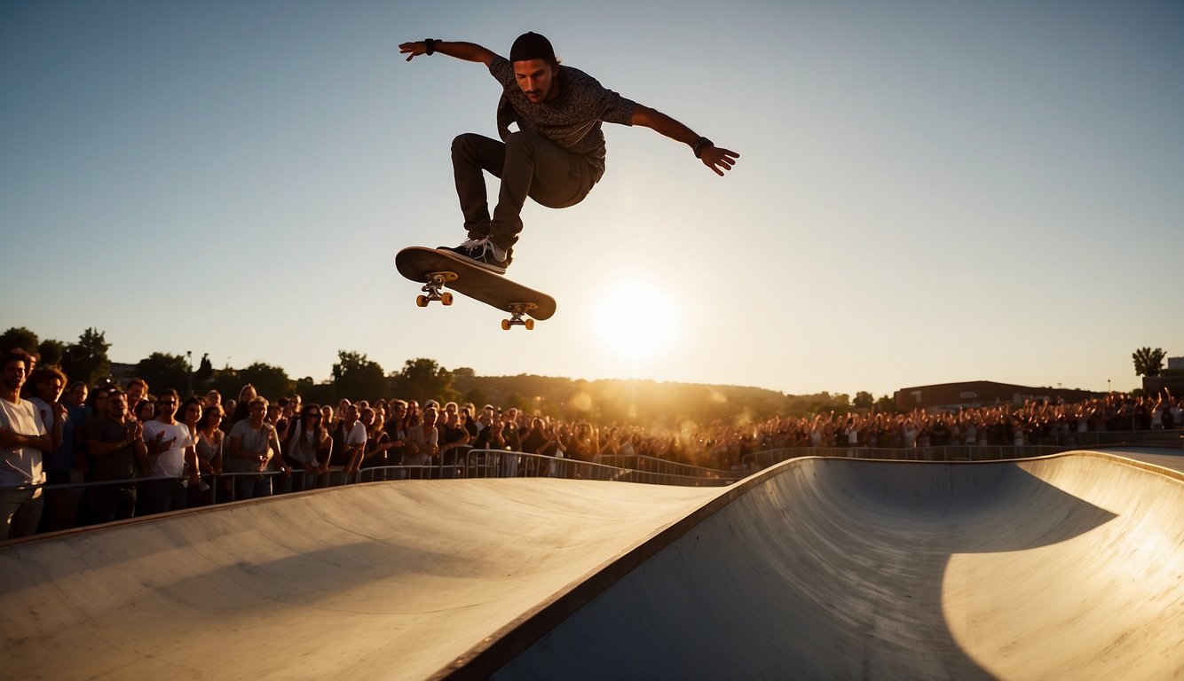 A skateboarder soaring high above a half-pipe, with the sun setting in the background and a crowd of spectators cheering below