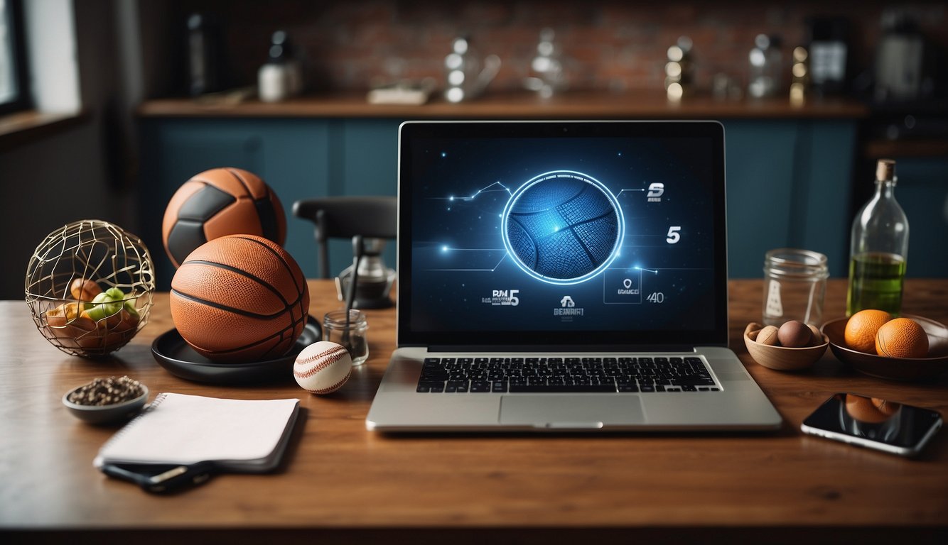 A table with a laptop open to the Little Alchemy game. Various sports-related items scattered around, such as a basketball, soccer ball, and tennis racket