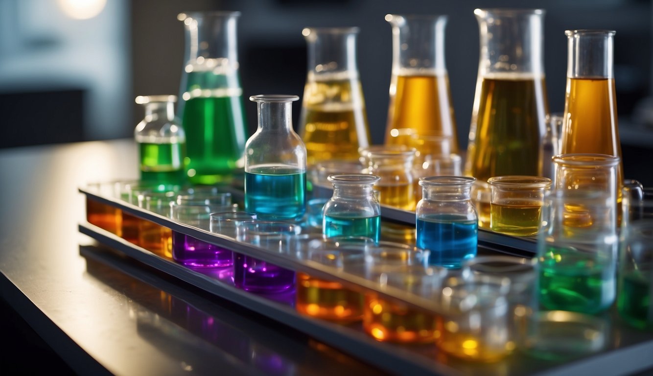 A laboratory table with test tubes, beakers, and various chemicals. A book titled "Creating the Building Blocks of Life" is open, with diagrams and formulas visible