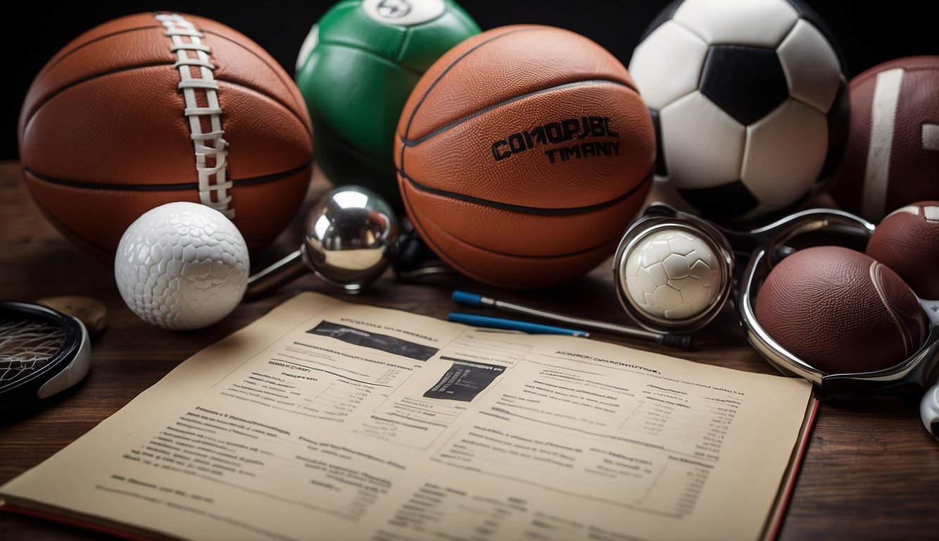 A table with various sports equipment and scientific diagrams. A book open to a page on sports alchemy