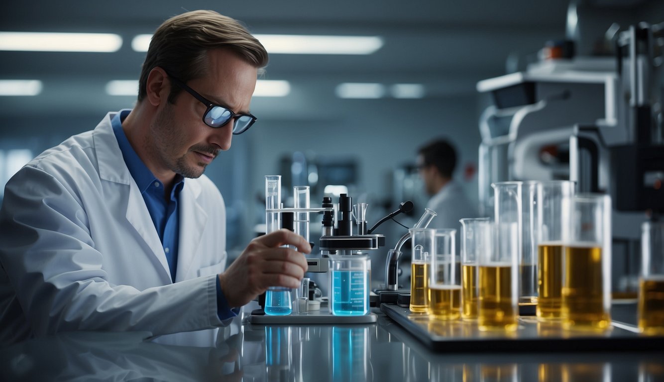 A lab with beakers, test tubes, and electronic equipment. A scientist observes a sports item being transformed into a futuristic, high-tech version