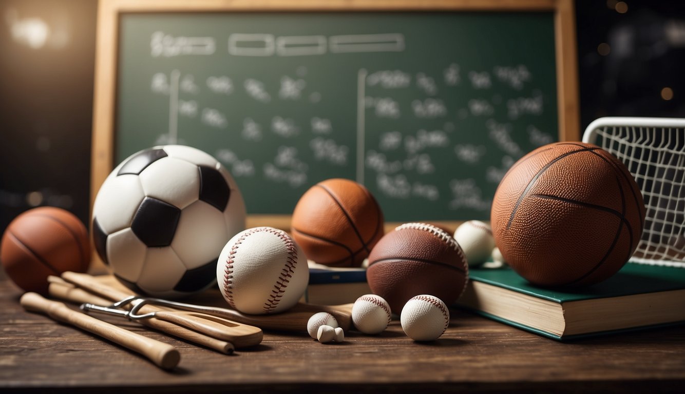 A sports field with various equipment and items scattered around, including balls, bats, and nets. A chalkboard or whiteboard with diagrams and equations for creating sports in Little Alchemy