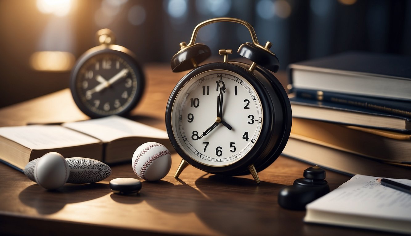 A clock with sports equipment, a calendar, and a study desk with a laptop and books, symbolizing dedication and time management for sports in the common app