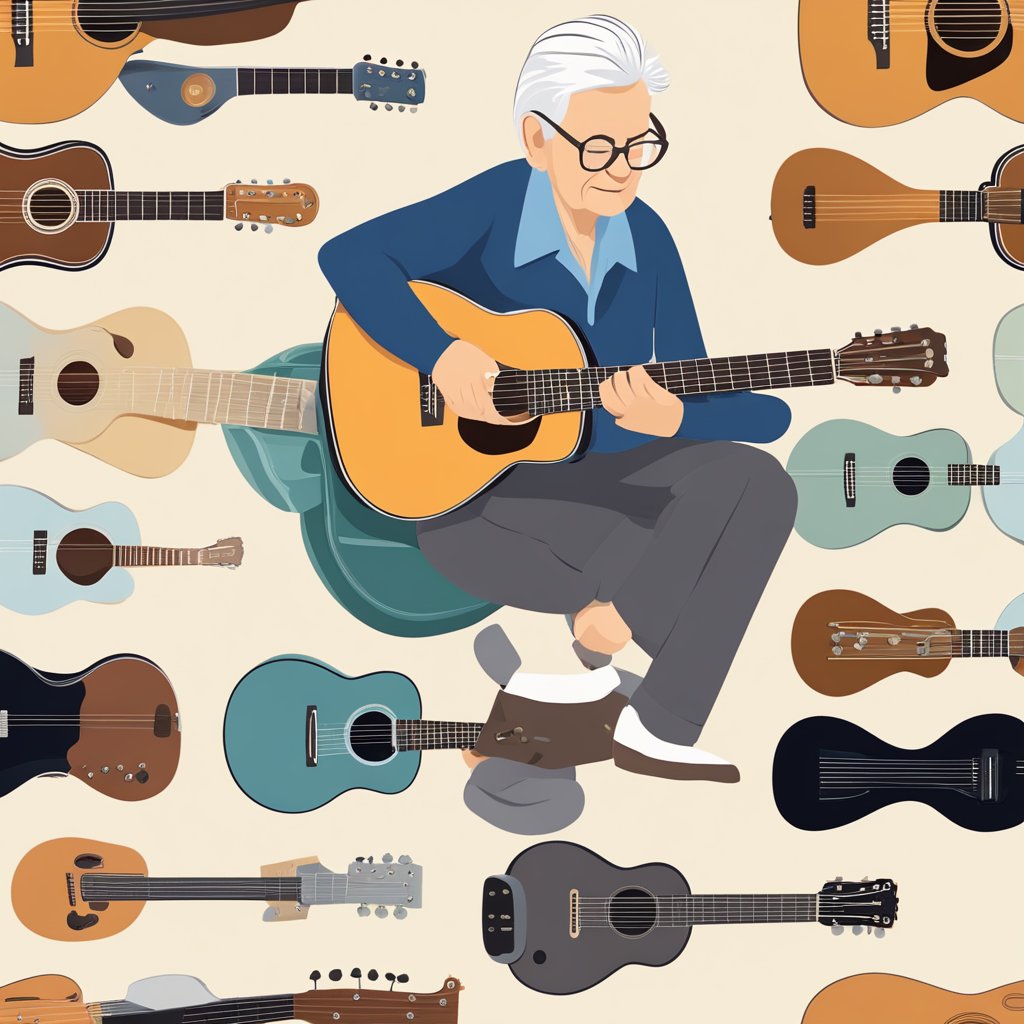 Uma pessoa idosa seleciona cuidadosamente um violão entre uma variedade de opções, considerando tamanho, peso e facilidade de tocar