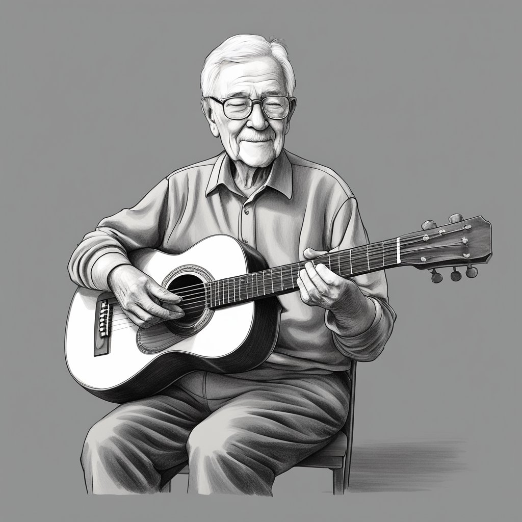  179 / 5.000 Idoso sentado confortavelmente, segurando um violão de bom tamanho, com postura adequada e ombros relaxados. O instrumento é de fácil acesso, permitindo tocar sem esforço