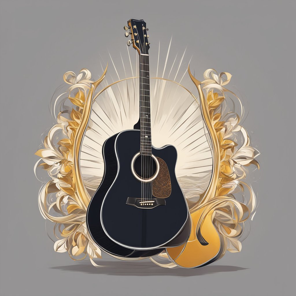 A well-crafted acoustic guitar with a comfortable neck and low action, suitable for elderly players. Rich, warm tones emanate from the soundhole as the player strums gently
