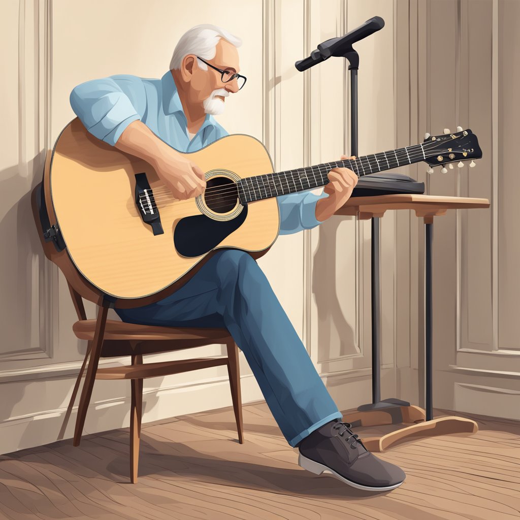 A sturdy, lightweight guitar resting on a chair, with a focus on its construction and ergonomic design for elderly musicians