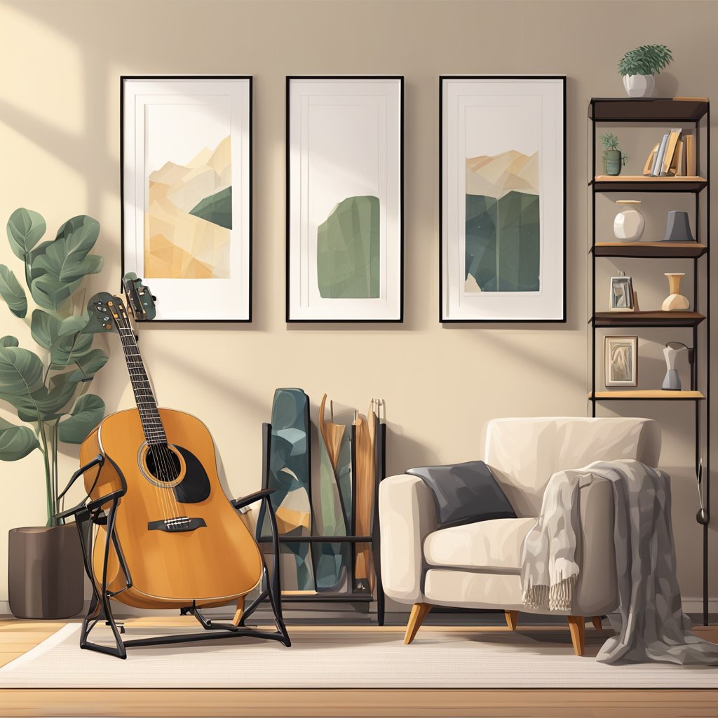 A cozy living room with a comfortable armchair, a well-lit music stand, and a selection of acoustic guitars displayed on a wall rack