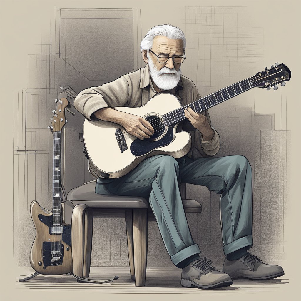 An elderly guitarist carefully selects a comfortable, lightweight guitar from a variety of options, with a focus on ease of play and ergonomic design