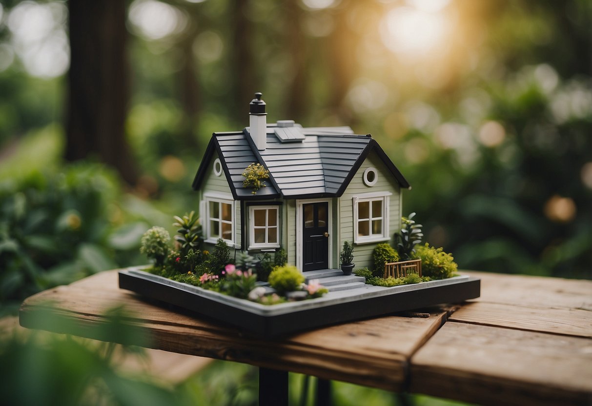 A tiny house surrounded by a lush green landscape, with a sign reading "Frequently Asked Questions: Can I get a home loan for a tiny house?" prominently displayed