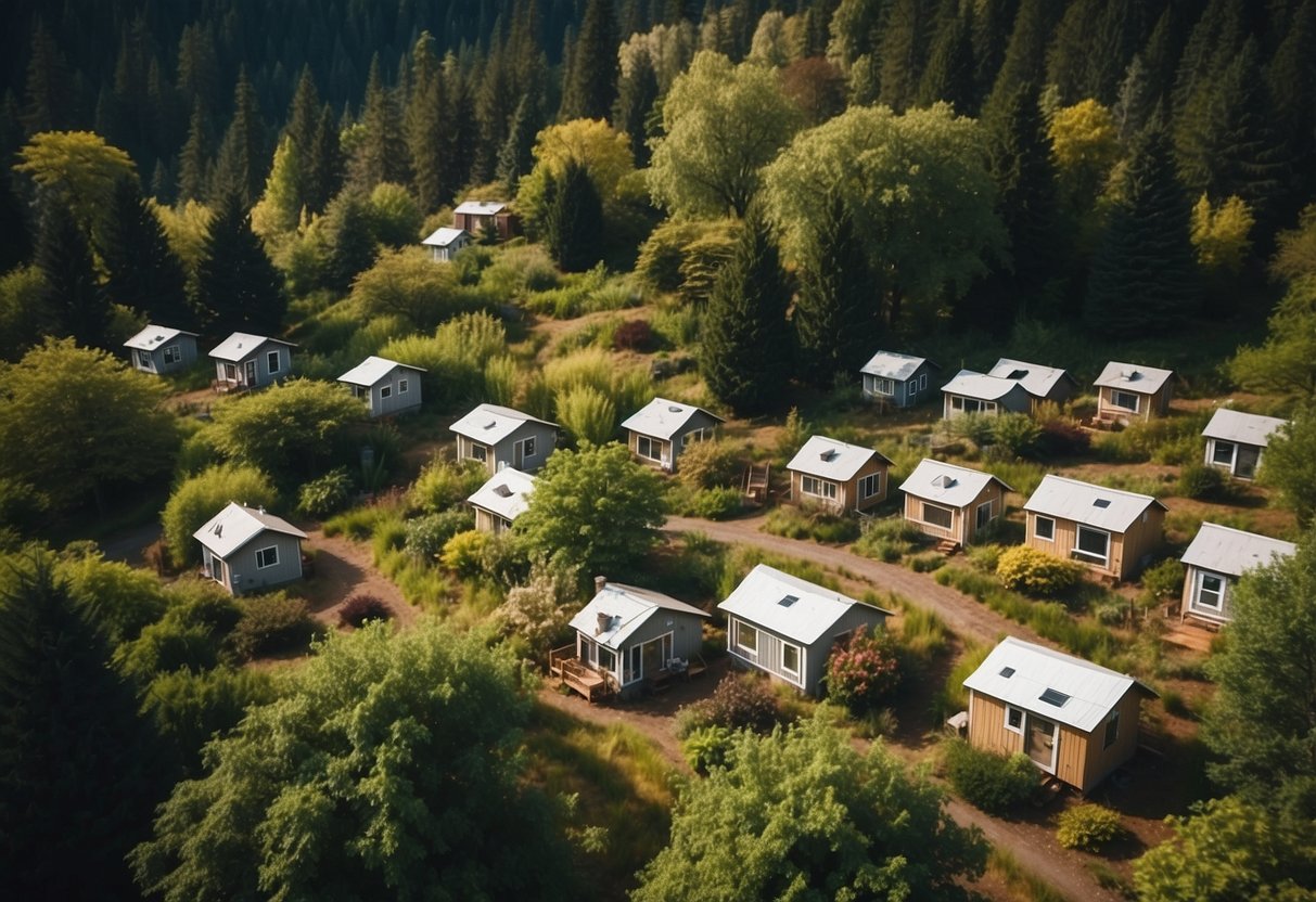 Aerial view of clustered tiny homes in Oregon, surrounded by lush greenery and winding pathways