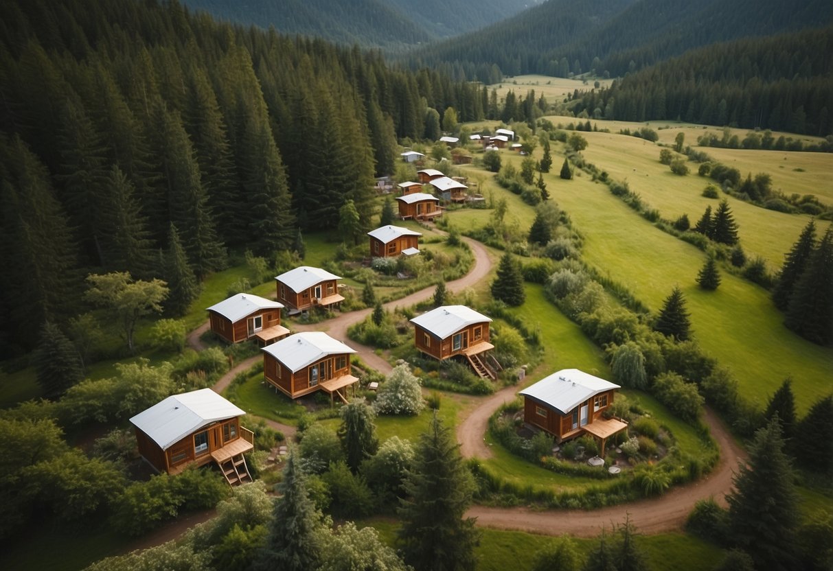 An aerial view of clustered tiny homes in a lush green Oregon landscape, with winding pathways and communal gathering areas