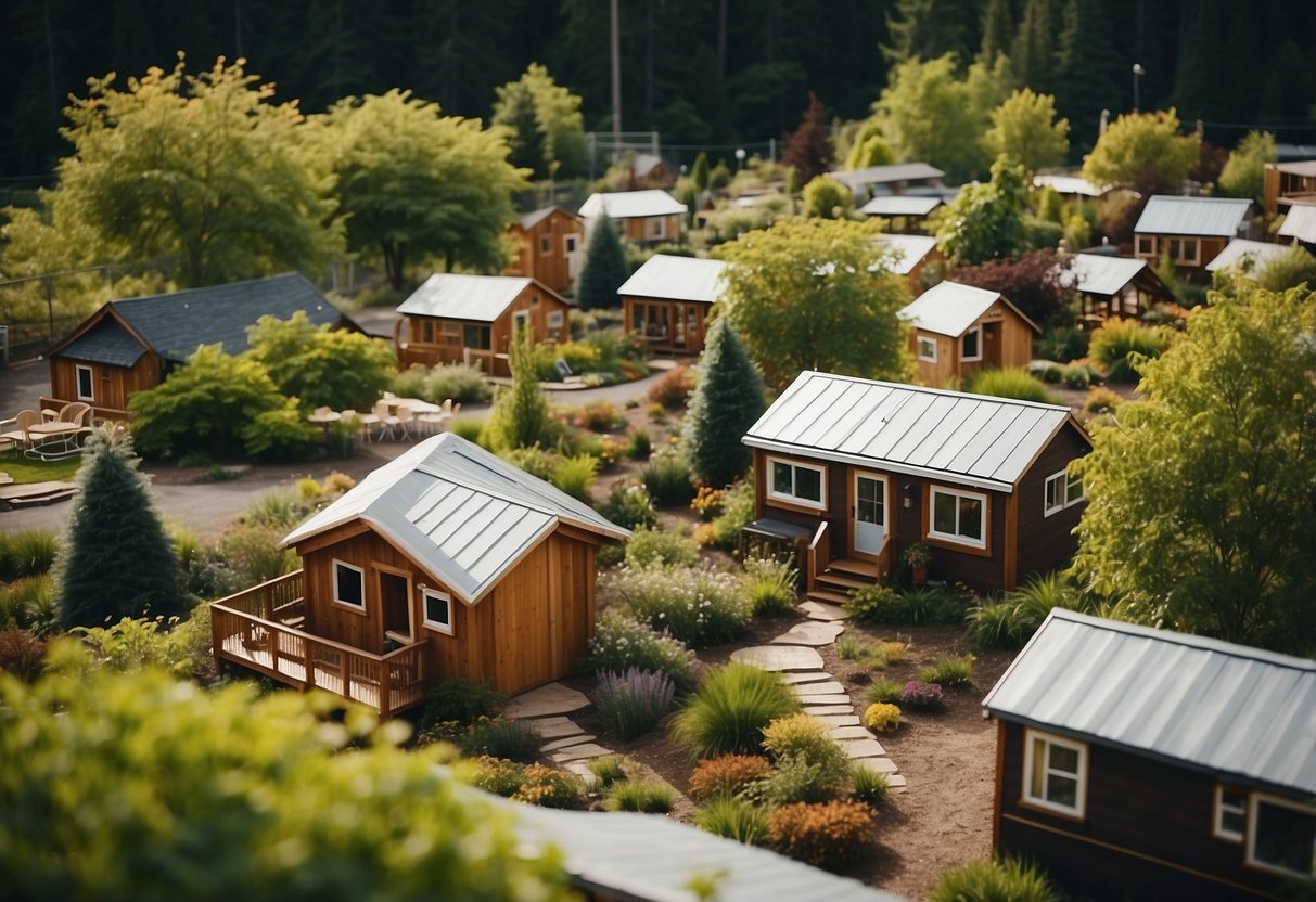 Aerial view of tiny homes nestled among lush greenery, with communal gardens, playgrounds, and a central gathering space in an Oregon map