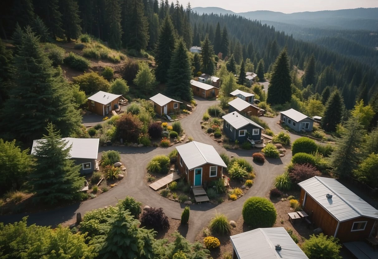 Aerial view of tiny home communities in Oregon, nestled among lush greenery, with winding pathways and communal spaces