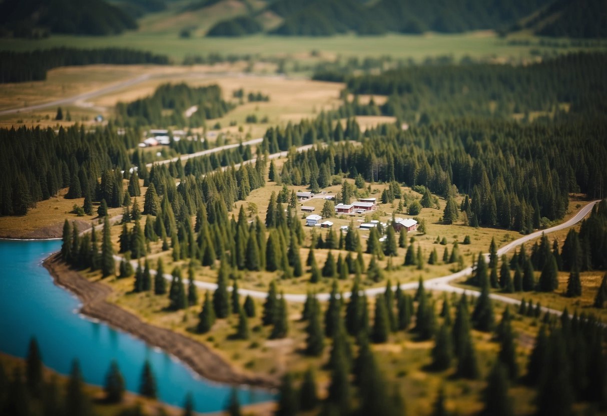 A map of Oregon with labeled tiny home communities, surrounded by trees and mountains in the background