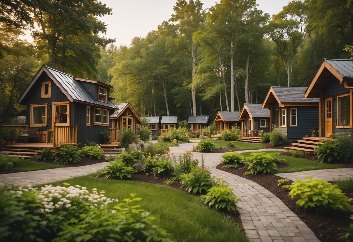 A cluster of cozy tiny homes nestled among the lush greenery of Minnesota, with a central communal area and winding pathways