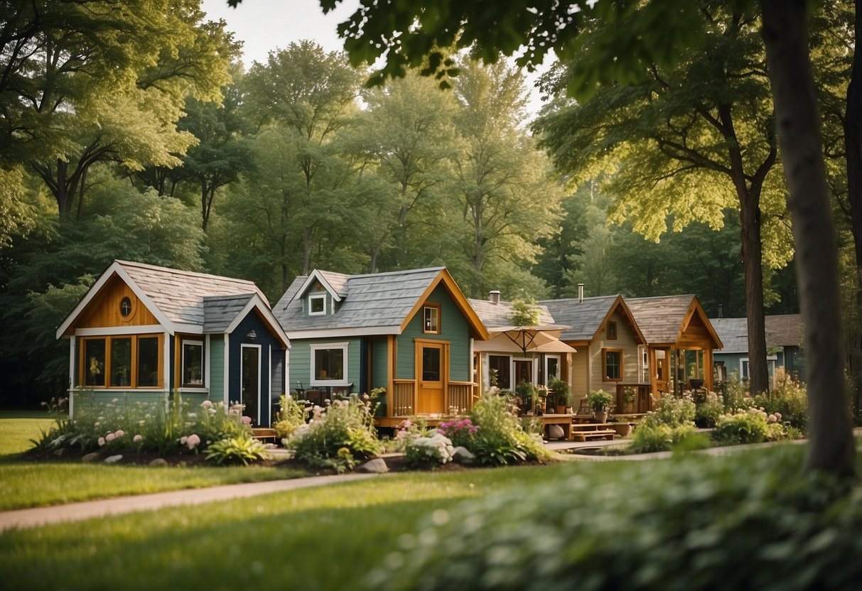 A cluster of tiny homes nestled among lush green trees in a serene Minnesota landscape, with a central gathering area and communal garden