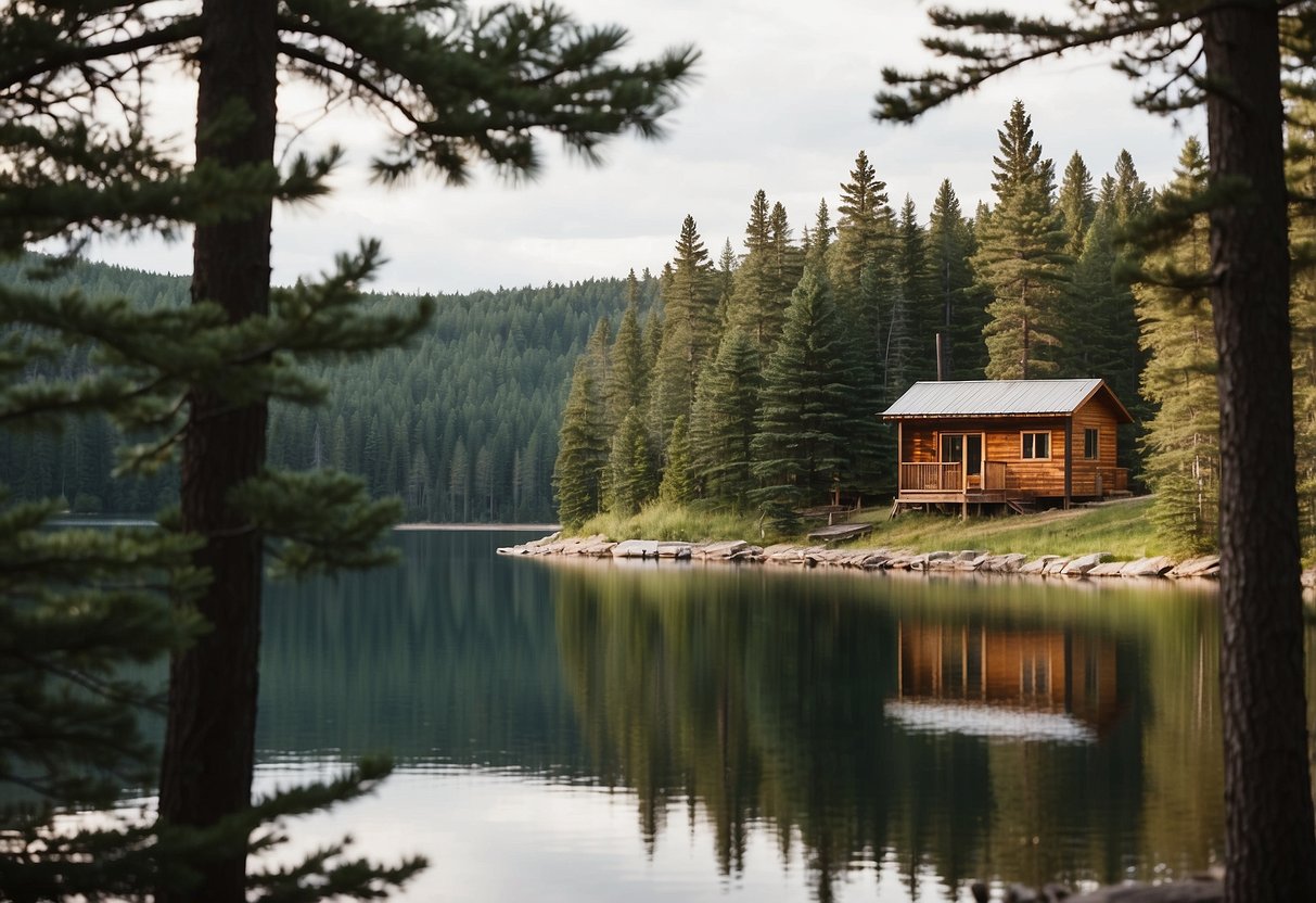 A serene Minnesota landscape with a cluster of tiny homes nestled among tall pine trees and a tranquil lake in the background