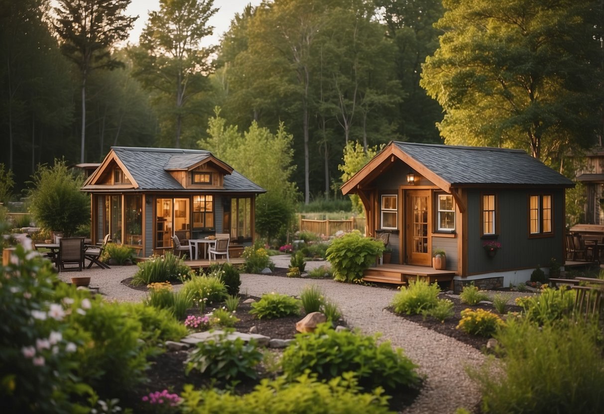 The tiny home community in Minnesota features communal gardens, a central gathering space, and cozy, compact homes nestled among trees and natural surroundings