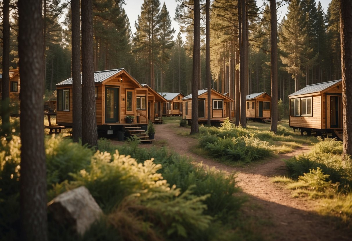 A cluster of tiny homes nestled among tall pine trees in a serene Minnesota landscape, with communal spaces and residents engaging in outdoor activities