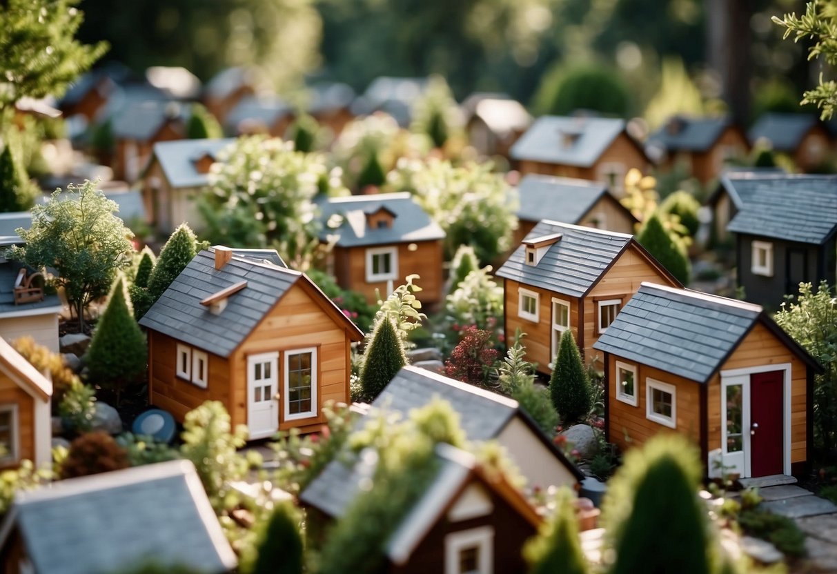 A cluster of tiny homes nestled among trees, with communal gardens and gathering spaces, surrounded by a sense of community and sustainability