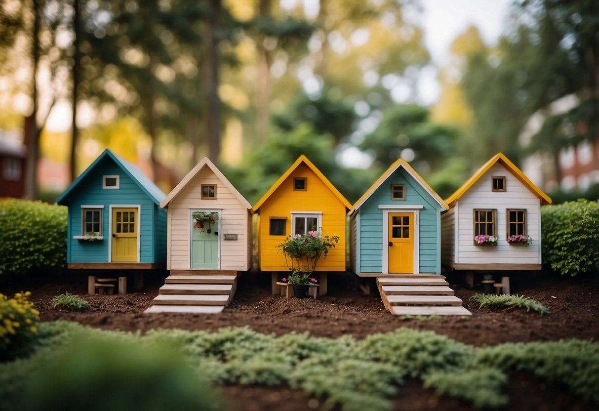 A row of colorful tiny homes nestled among trees in a vibrant community setting, with communal gardens and outdoor seating areas