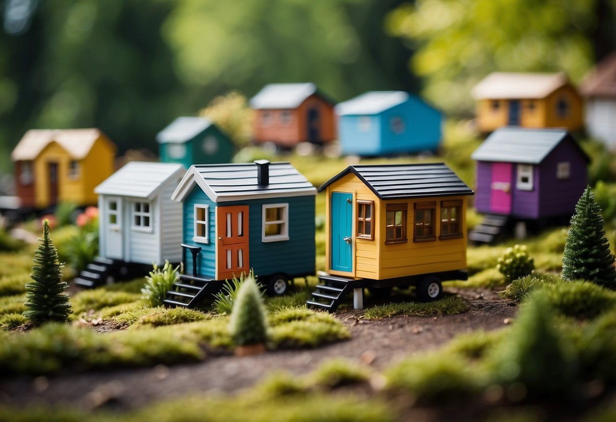 A cluster of colorful tiny homes nestled among trees in a tranquil New York community, with a central gathering area and small gardens