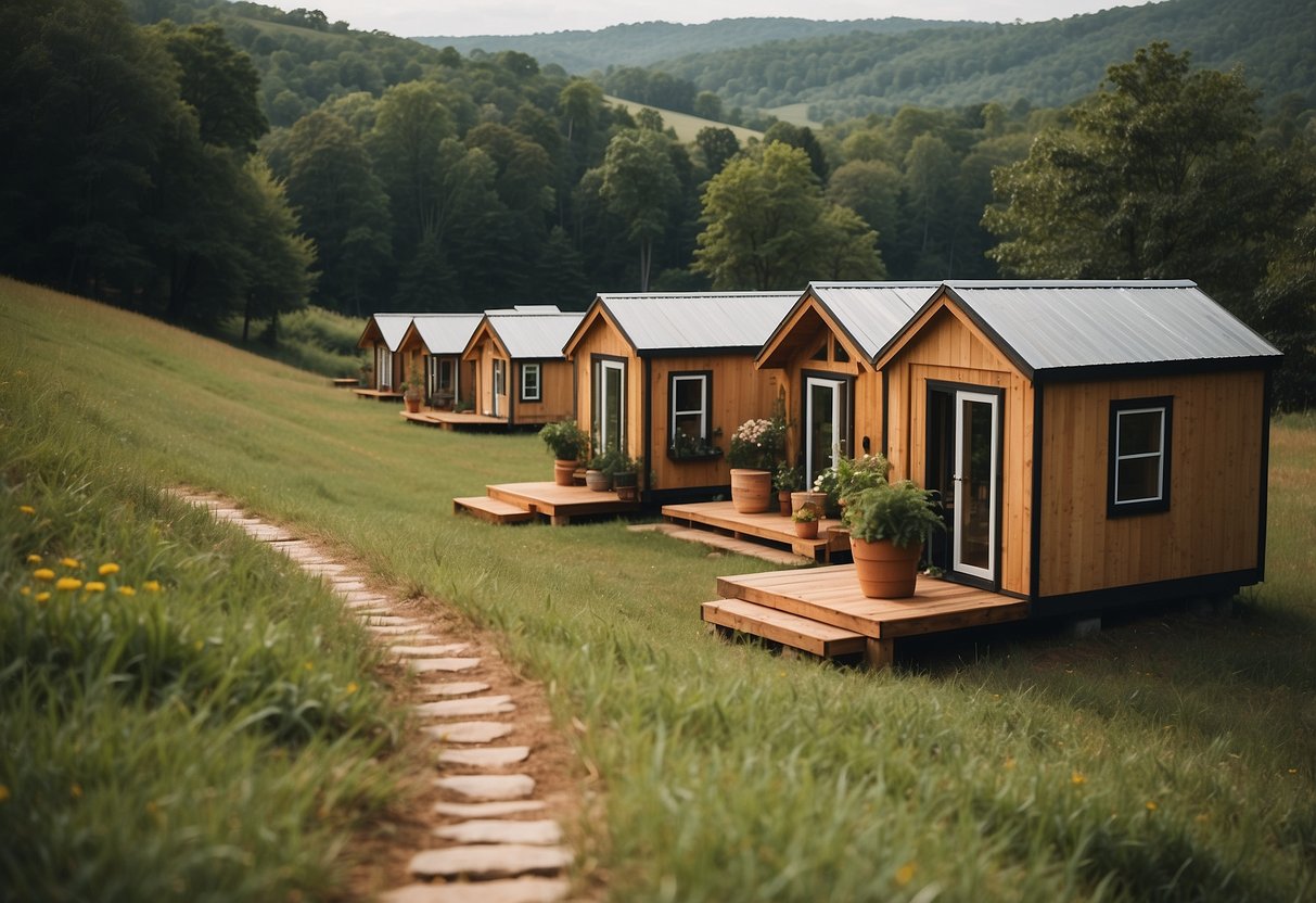 A cluster of cozy tiny homes nestled in the rolling hills of Tennessee, surrounded by lush greenery and peaceful countryside