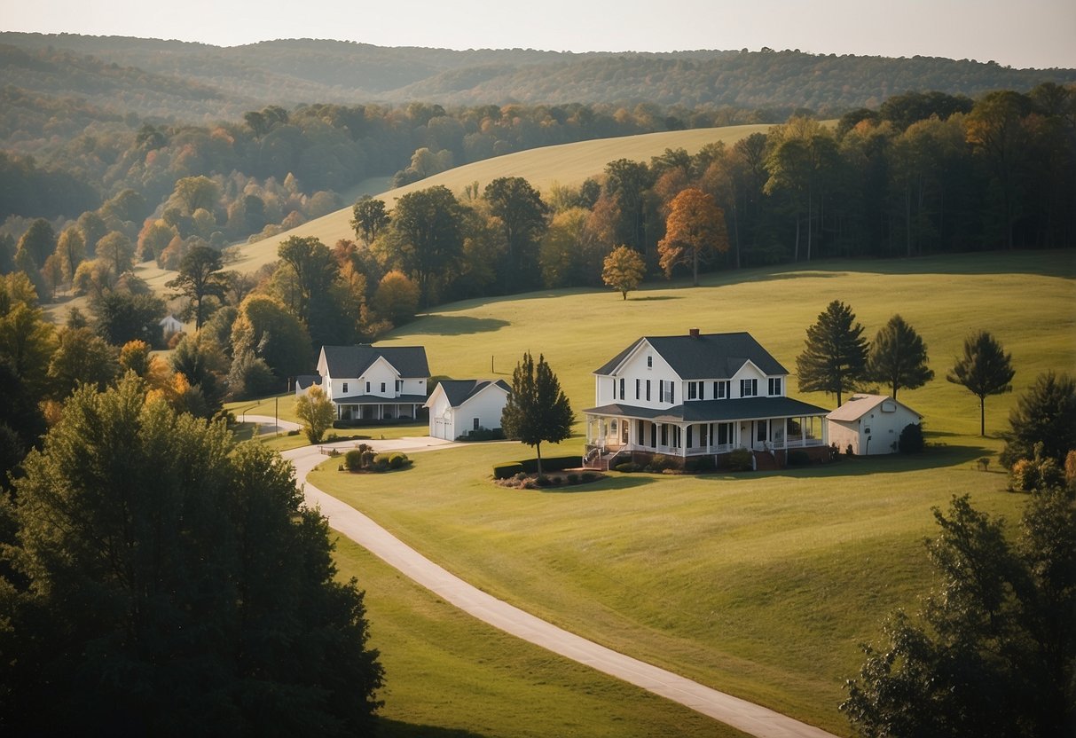 A serene Tennessee landscape with small, charming homes nestled among rolling hills, with community amenities and a sense of close-knit living