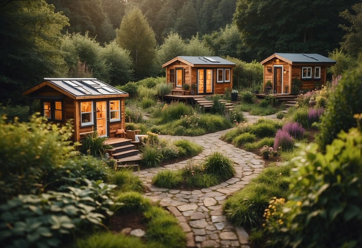 A cluster of tiny homes nestled among lush greenery with a central communal space, winding pathways, and a cozy, welcoming atmosphere