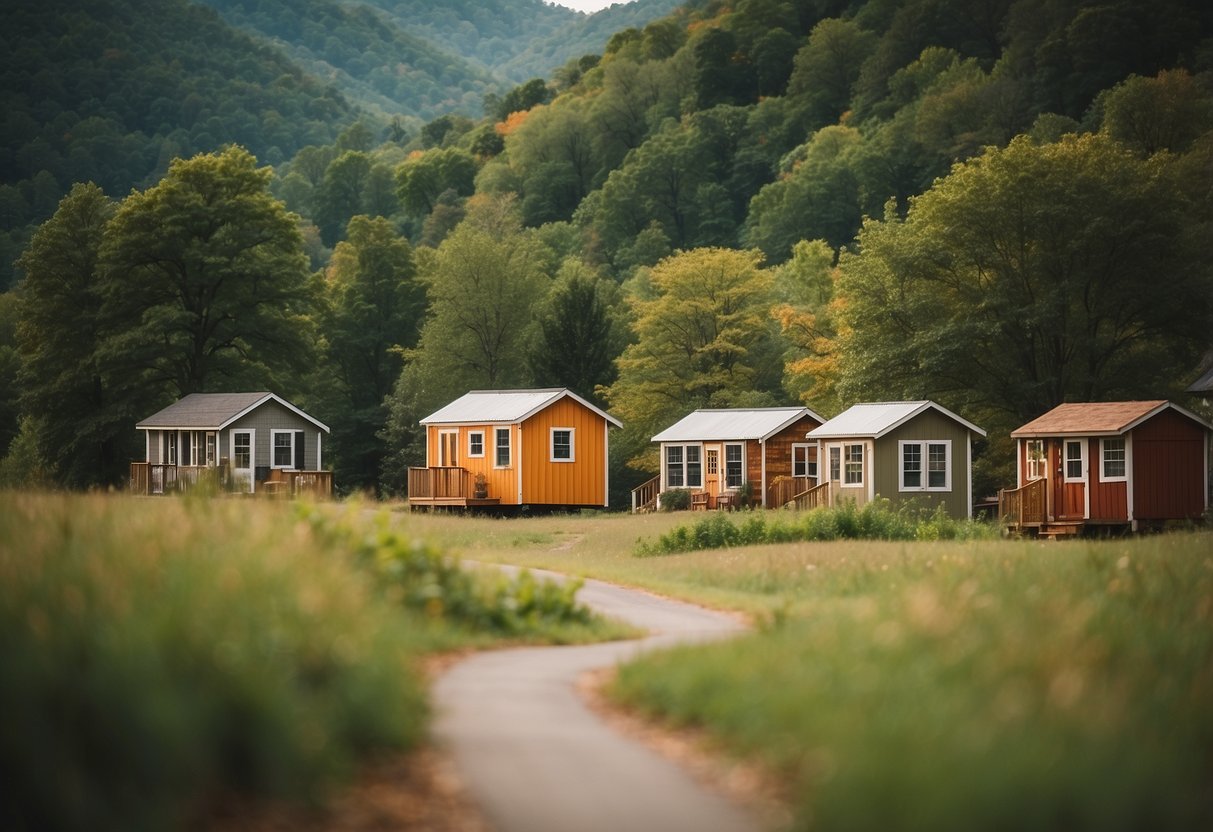 A cluster of tiny homes nestled in a serene Tennessee landscape, with rolling hills and lush greenery surrounding the community