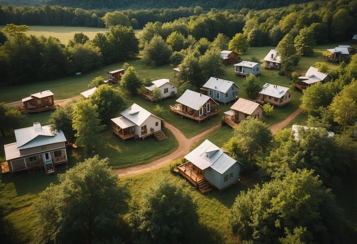 Aerial view of tiny homes clustered in a lush Tennessee landscape, with winding pathways and communal spaces, showcasing the purchase process