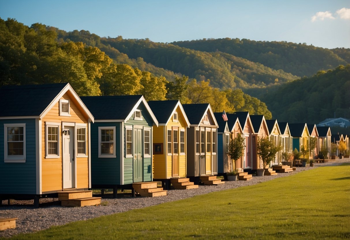 A row of colorful tiny homes nestled among the rolling hills of Tennessee, with a community center and green spaces