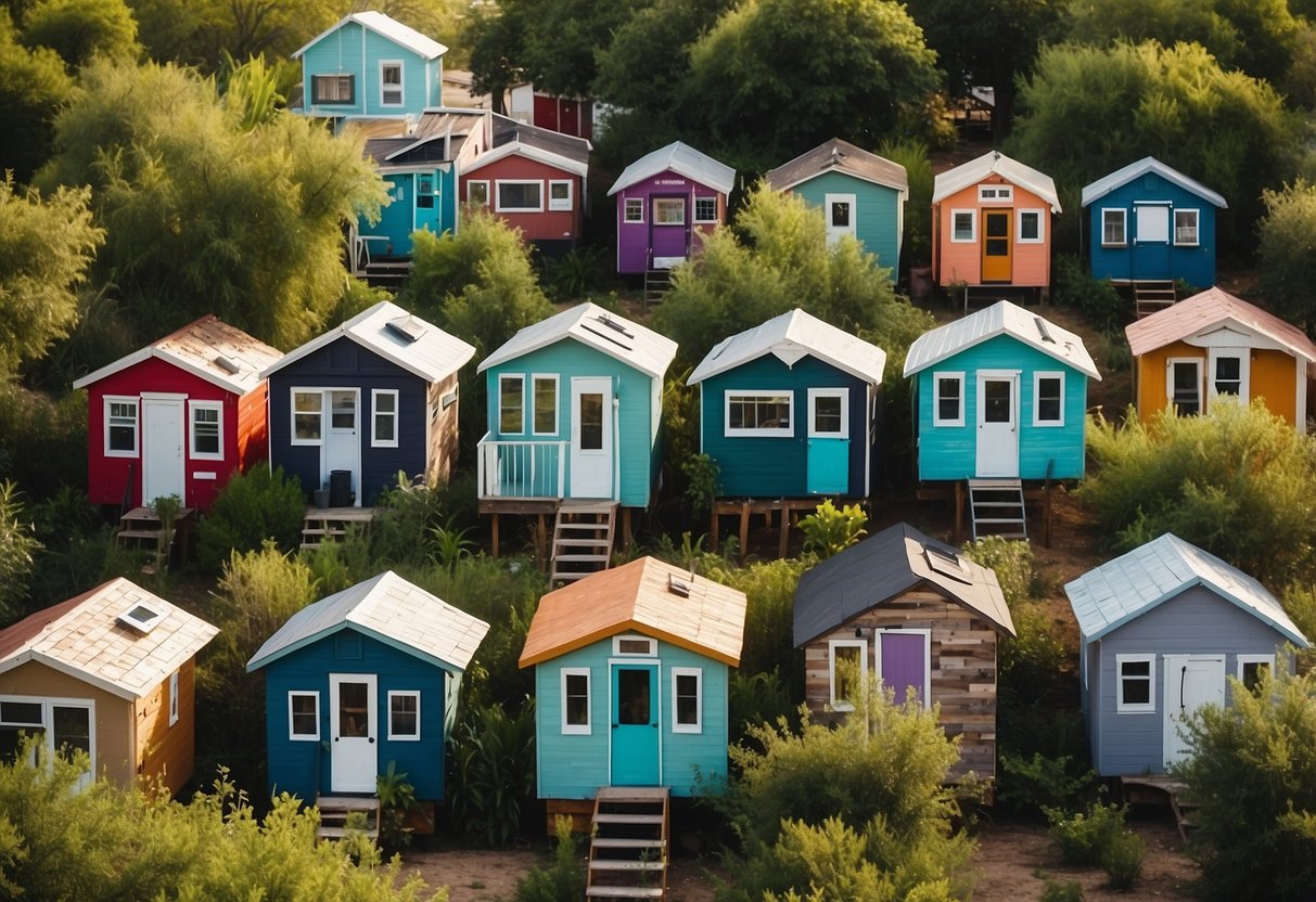 A cluster of colorful tiny homes nestled among lush greenery in an Austin community