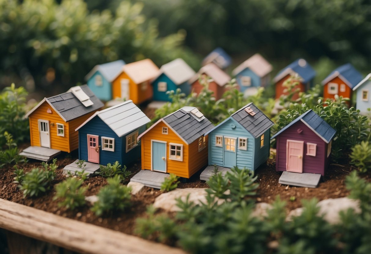 A cluster of colorful tiny homes nestled among lush greenery in an Austin community