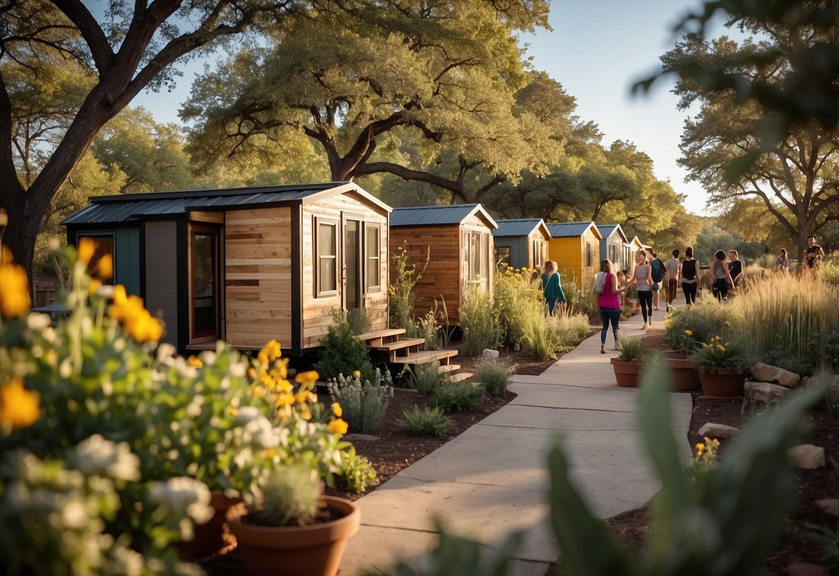 A vibrant community of tiny homes nestled in the heart of Austin, with residents gathering in communal spaces, tending to gardens, and enjoying outdoor activities