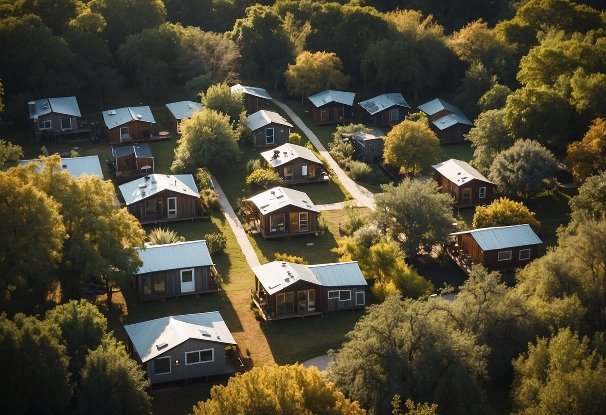 Aerial view of tiny homes nestled among trees in an Austin community. Communal gardens and shared spaces contrast with private porches and cozy interiors