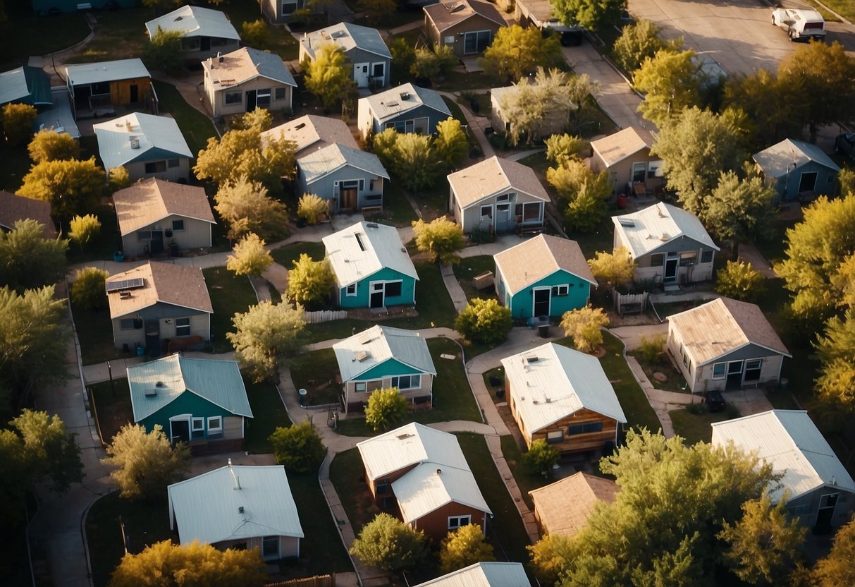 Aerial view of tiny homes clustered around communal spaces in an Austin neighborhood