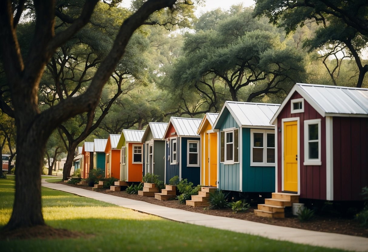 A row of colorful tiny homes nestled among lush green trees in an Austin community, with a central gathering area and people chatting outside their homes