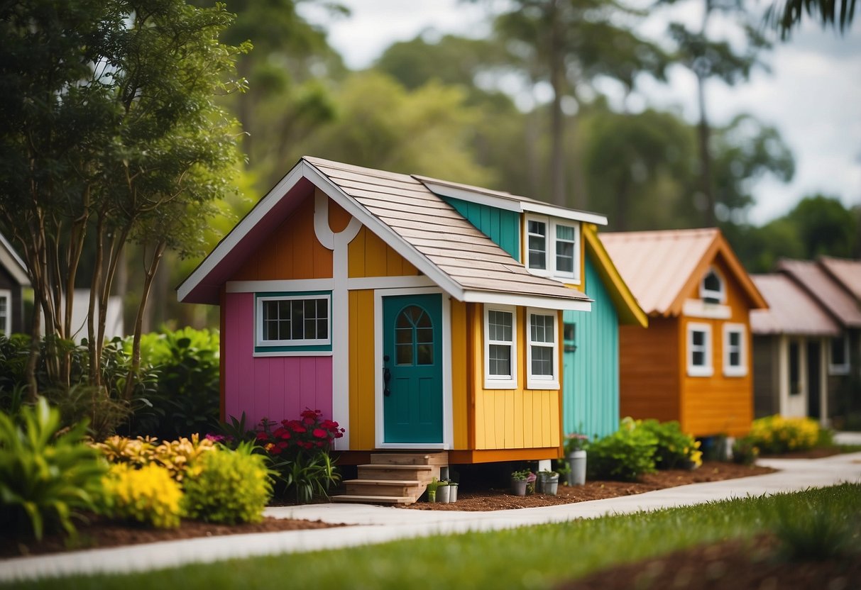 A cluster of colorful tiny homes nestled among lush greenery in an Orlando community