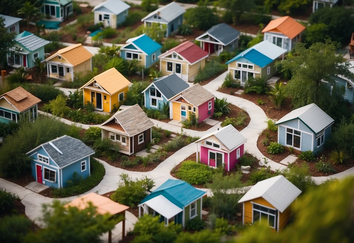 A bird's-eye view of colorful tiny houses nestled in lush greenery, with winding pathways and communal areas, showcasing the close-knit community of Orlando's tiny house neighborhoods