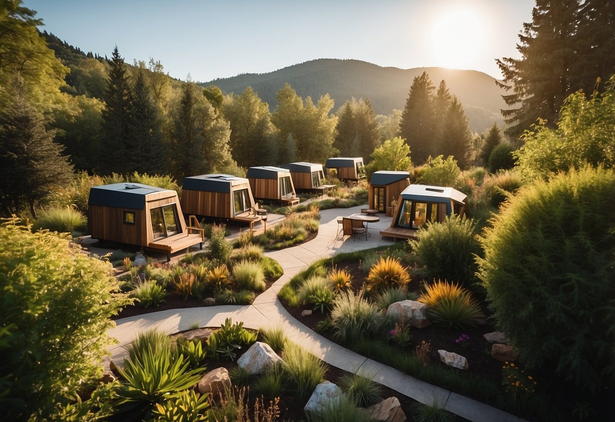 A vibrant community of tiny homes nestled among lush greenery, with communal spaces for socializing, fitness, and relaxation