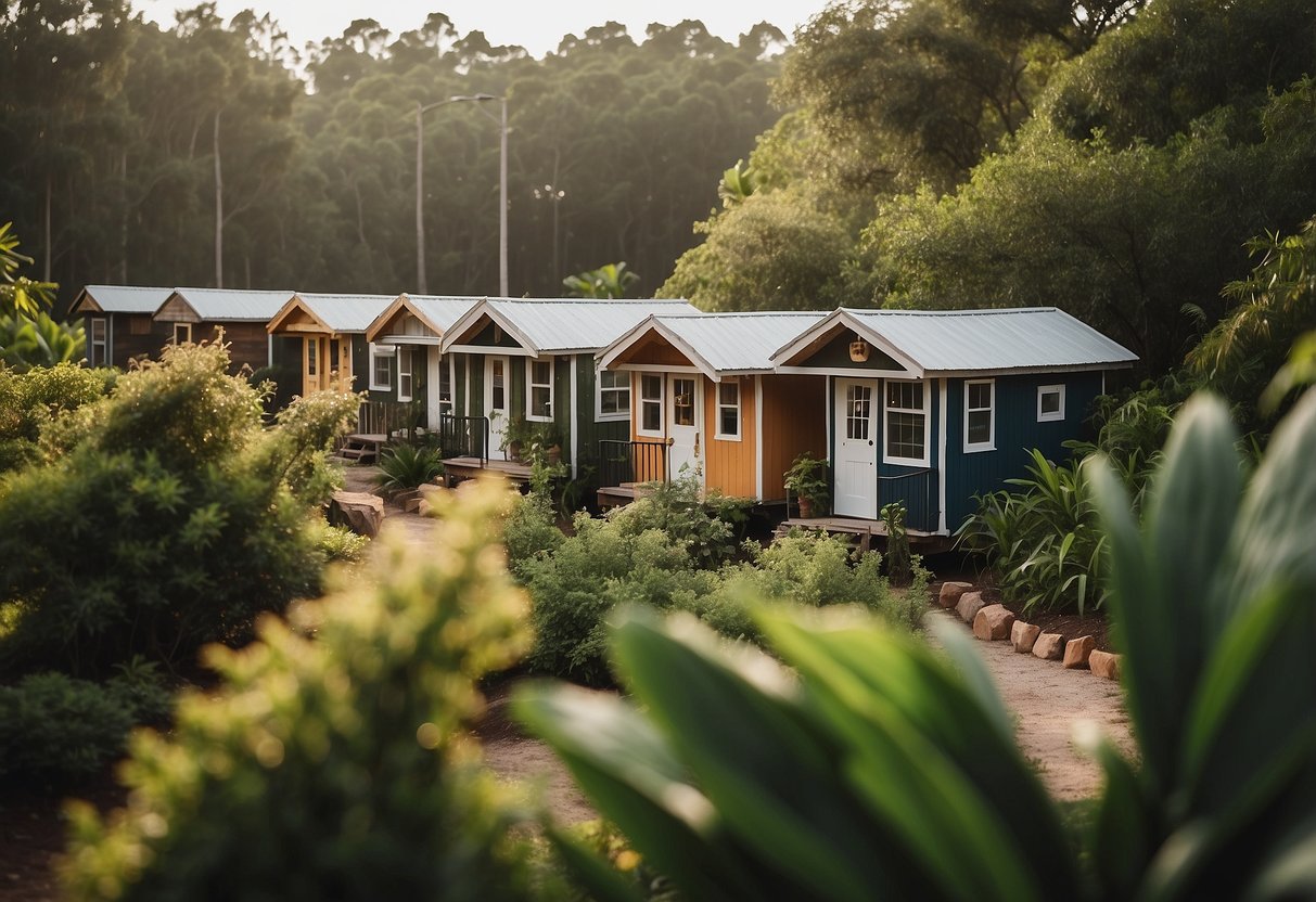 A cluster of tiny homes nestled among lush greenery, with a central community space and legal signage in Orlando